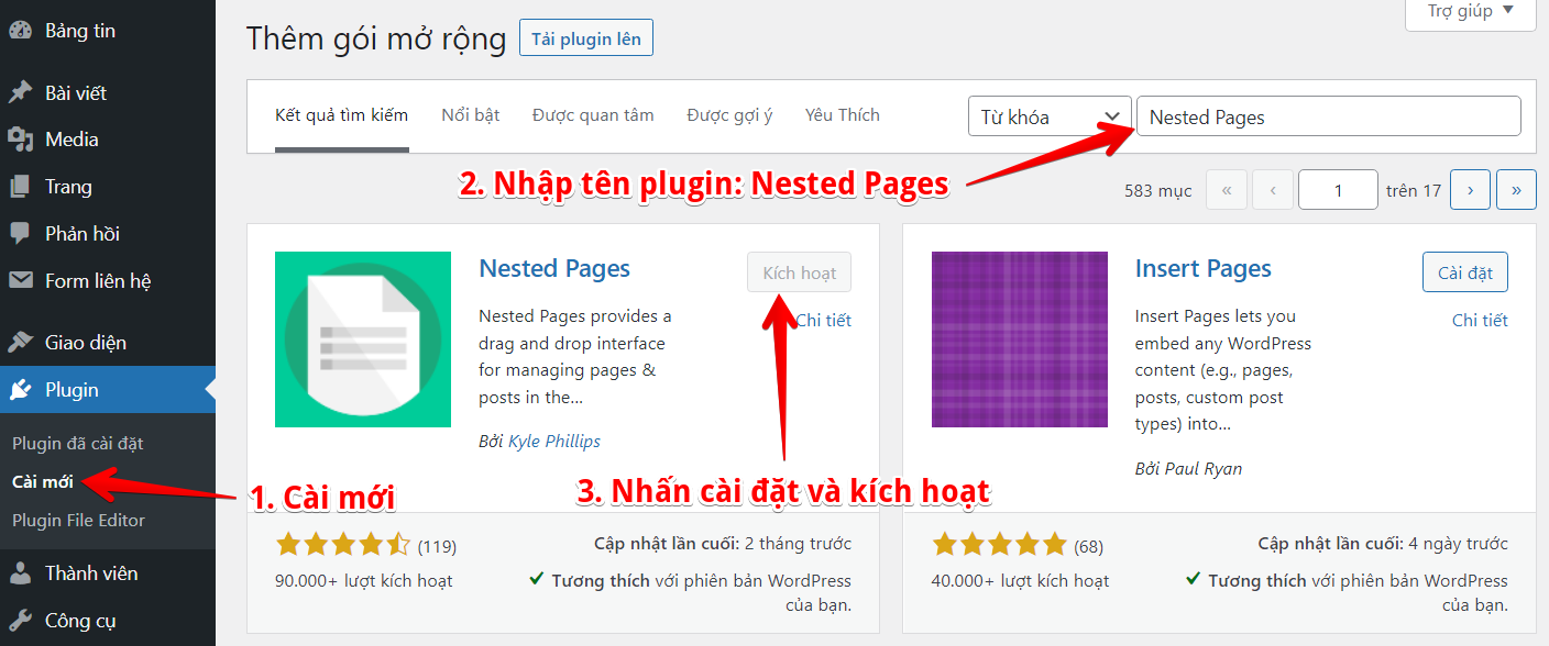 cài đặt plugin nested pages