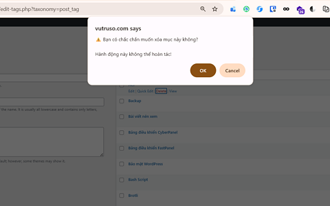 Xác nhận trước khi xoá chuyên mục, danh mục, taxonomy WordPress